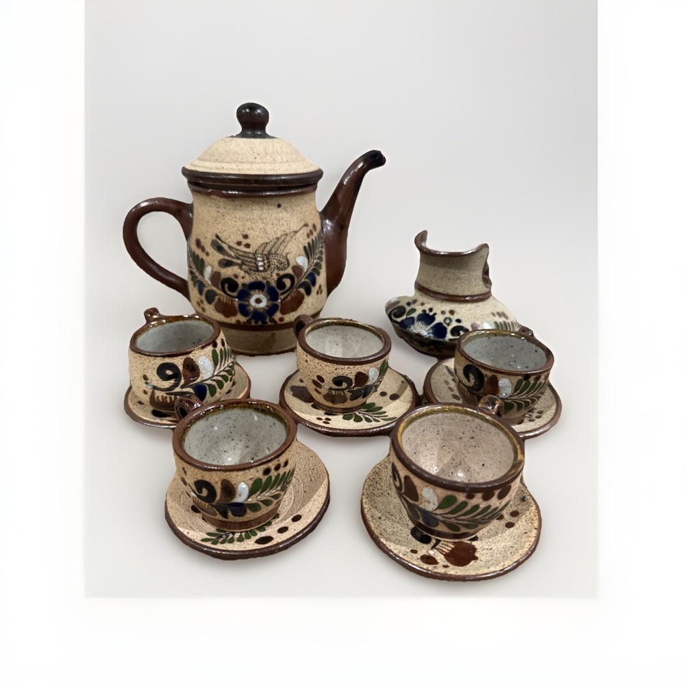 Mexican Pottery TONALA Tea Coffee Pot Mini Cups Saucers Creamer 12 Piece Set